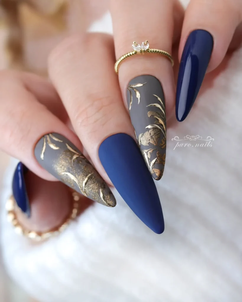 Gold foil blue nails