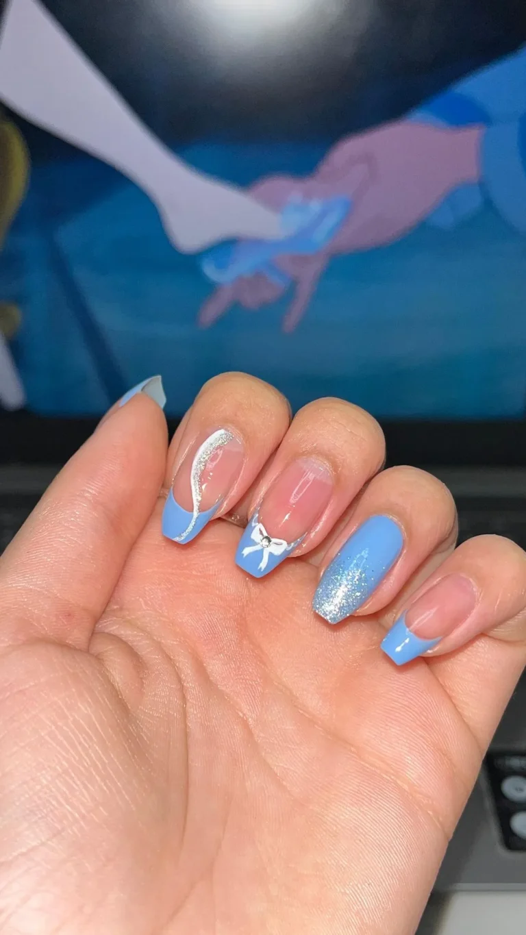 Blue coffin shaped bow nails