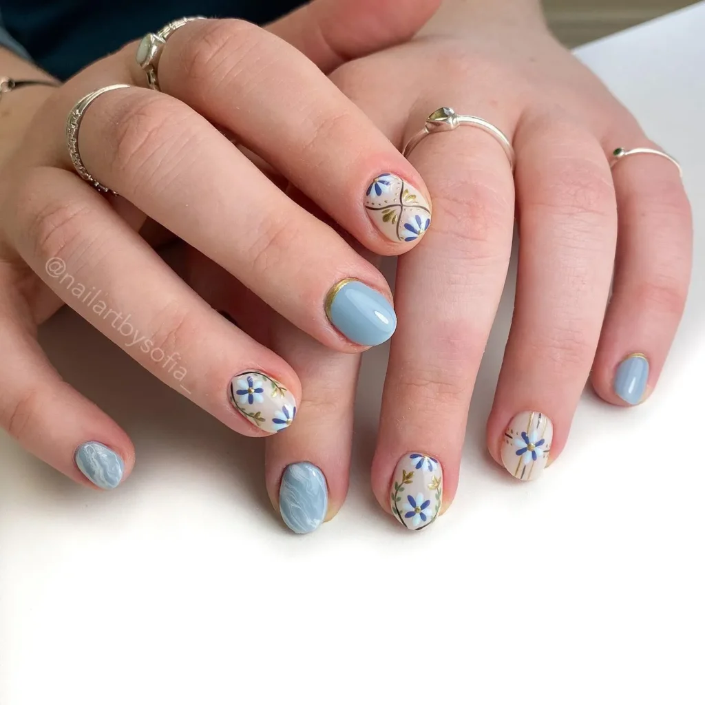 Blue floral nail art design