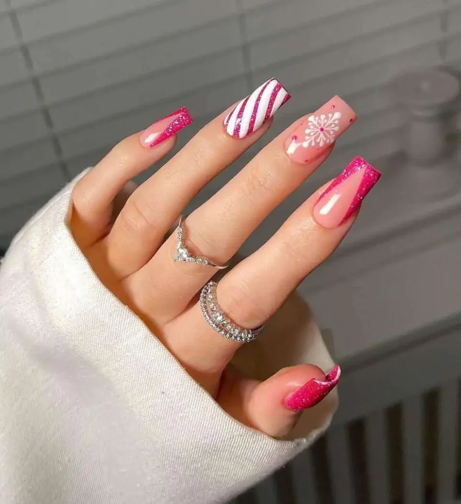 Candycane stripe nail art in hot pink and white color