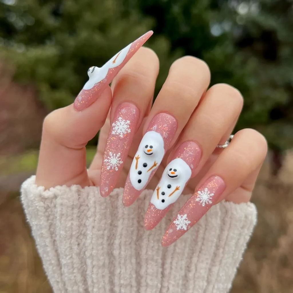 Cute baby pink snowman nails