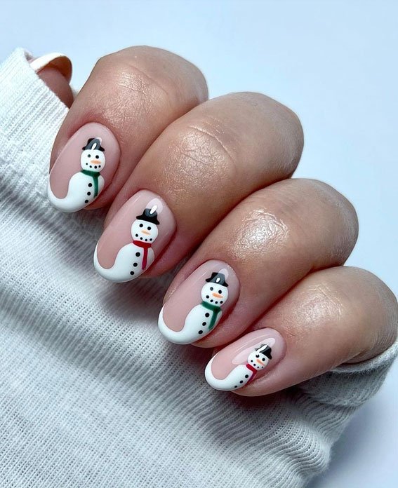 short nails with cute snowman painted on each nail