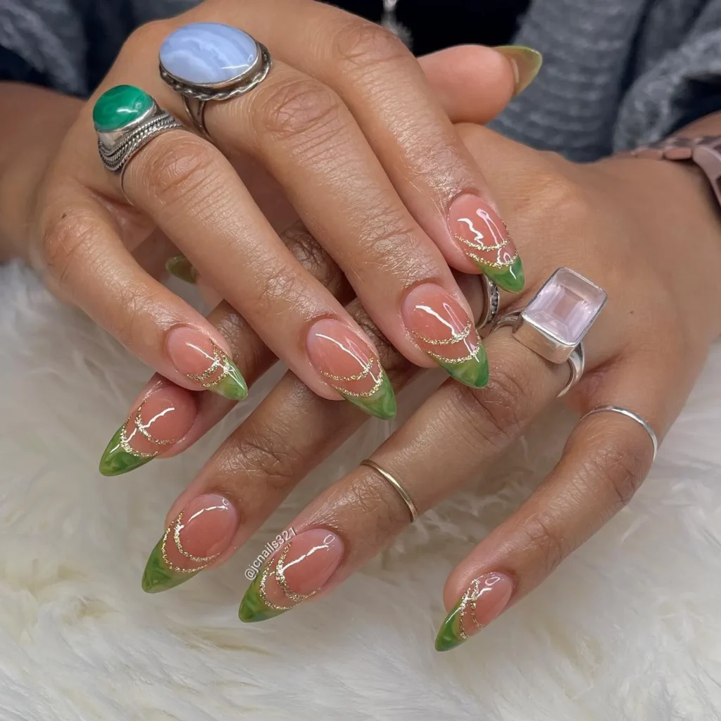 Green french tip nail idea with glittery lines