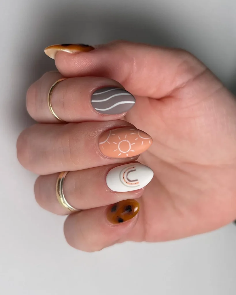 Grey and white boho nail design