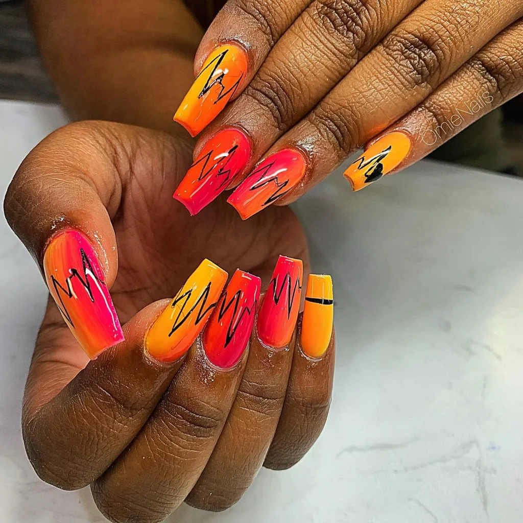 Coffin-shaped neon Ombre heartbeat nail design