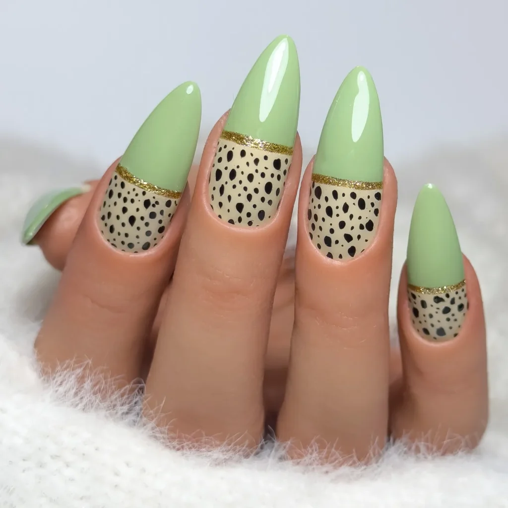 Pastel green polka dot nail art