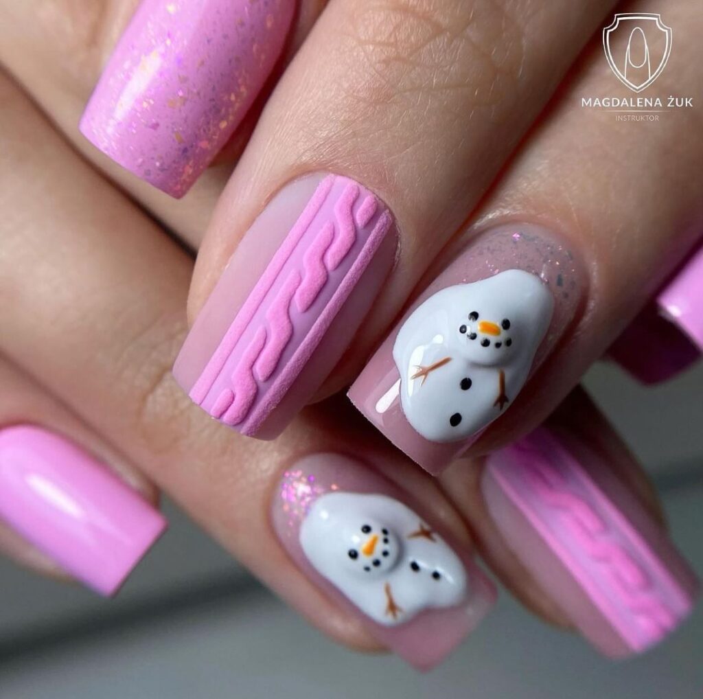 Pink Snowman sweater nail art