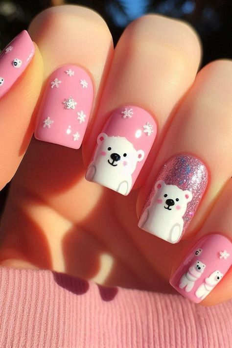 Cute Pink and white polar bear nails