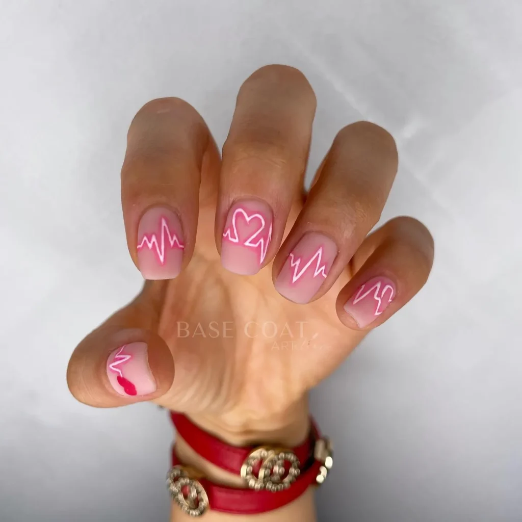 Neon Pink heart rate nail art