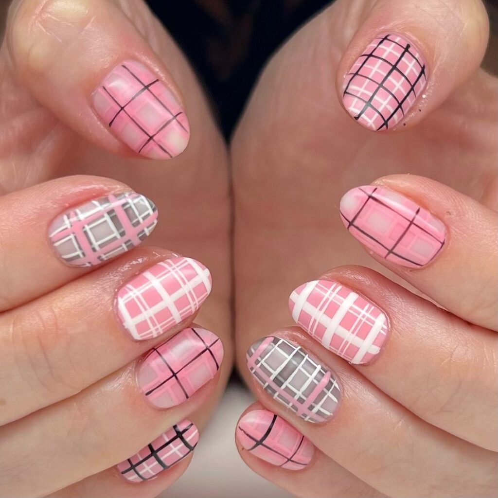 Pink white and black plaid nail art