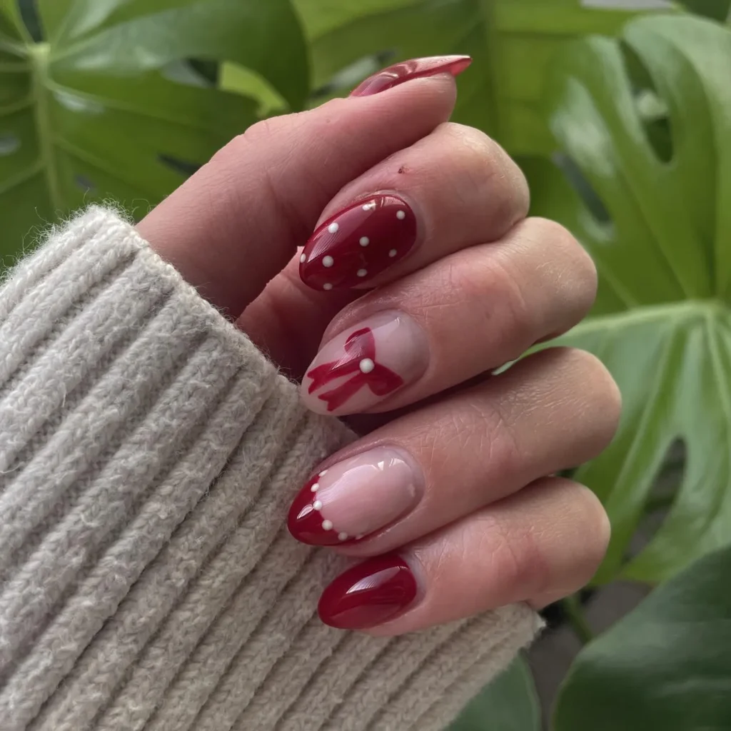 Nail art having Polka dots and bows