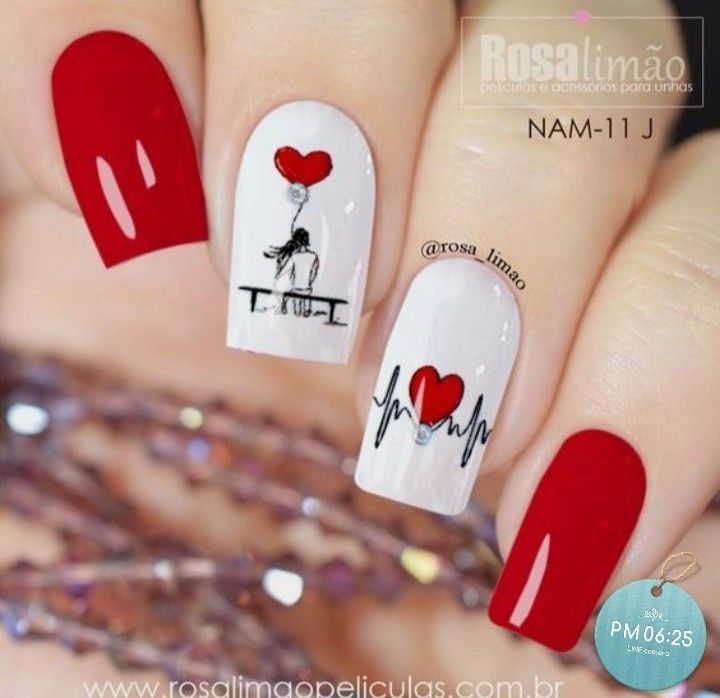 Red and white romantic nail design for valentines day