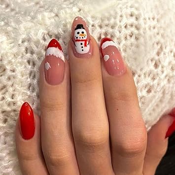 Red and white snowman almond nails with Santa hat