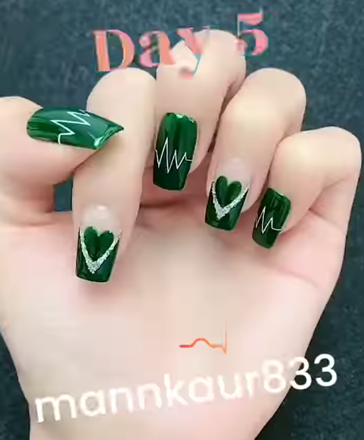 Romantic Green heartbeat nail art idea