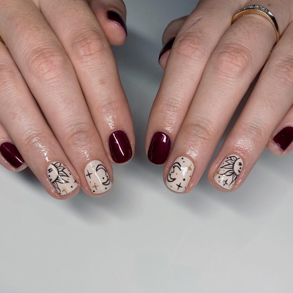 Short boho gel nails in burgundy and cream color