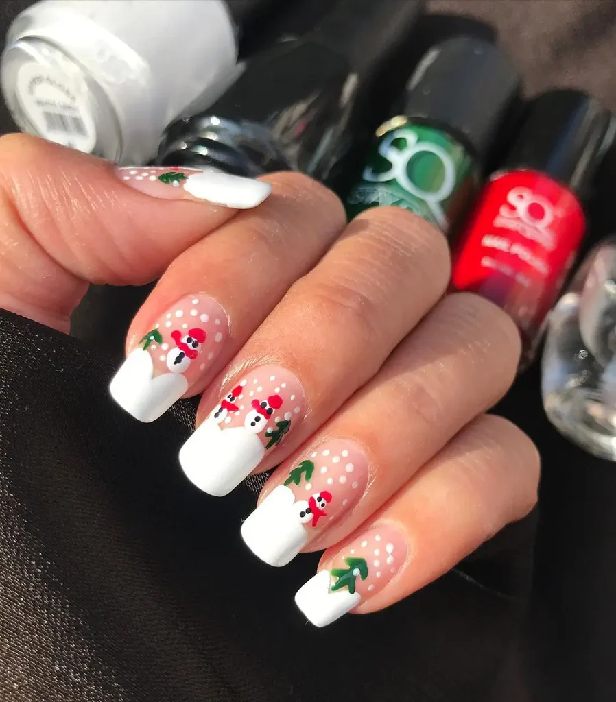 White, green, and red Snowman with ice square nails