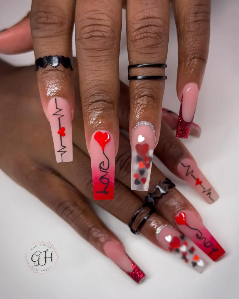 Valentines day heartbeat and lifeline acrylic nails