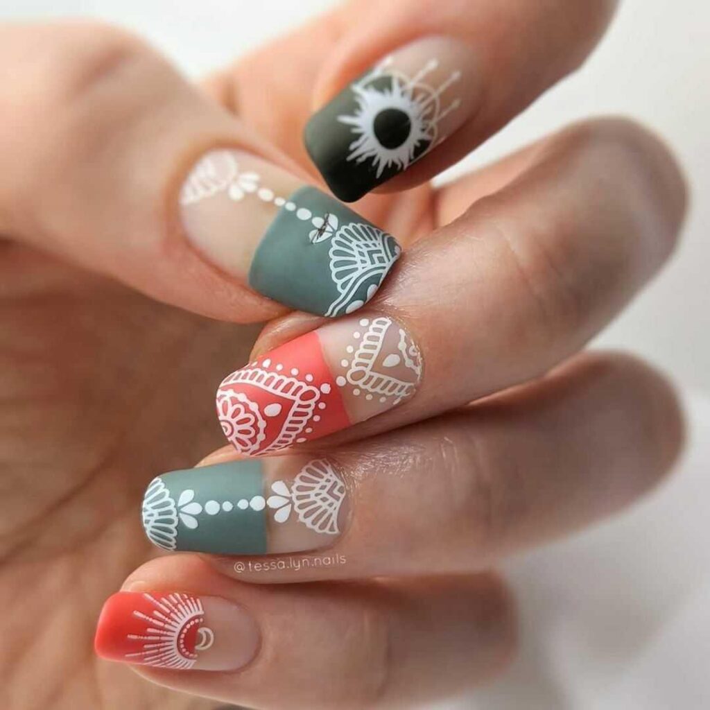 colored french tips with intricate patterns