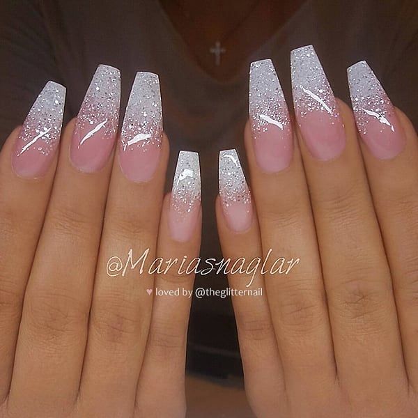 pink and white glitter ombre nail art