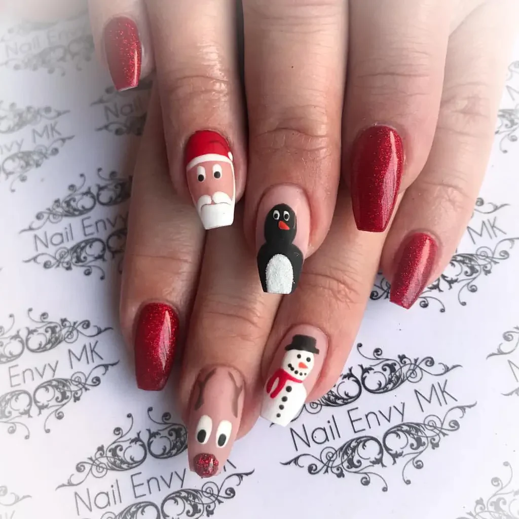 nail art having santa clause with a snowman