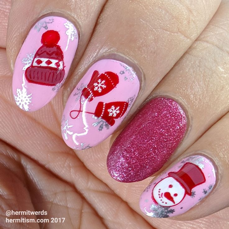 snowman and glove nail design in pink color