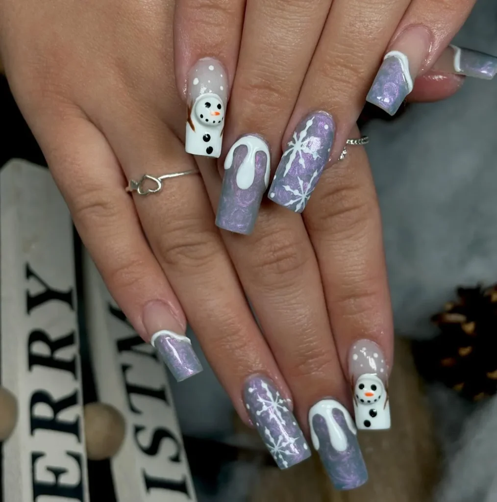 snowman nails with dripping effect