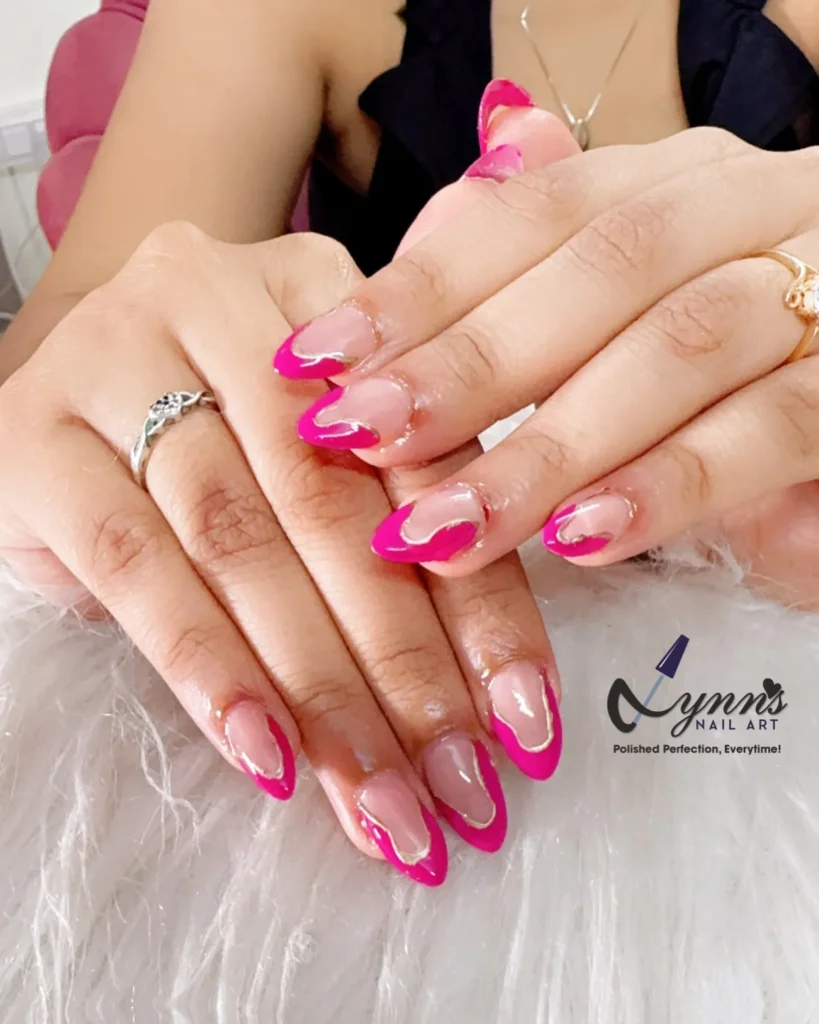 Hot pink tips with metallic lines