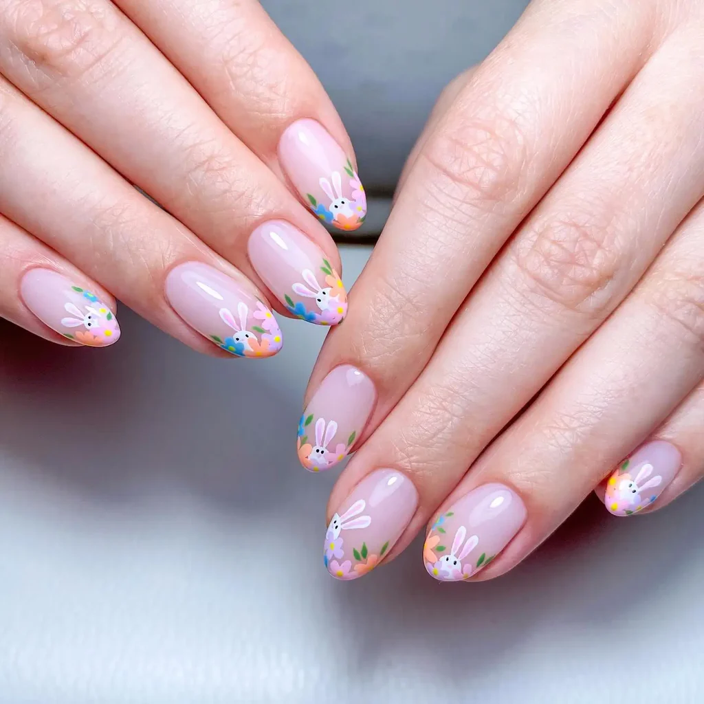 Bunny Nail Design with spring florals