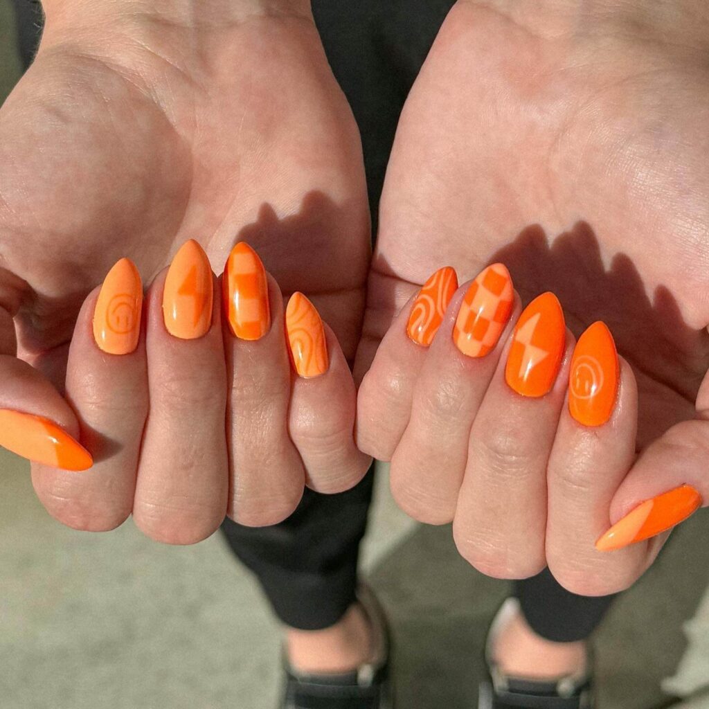 Checkeredboard orange nails
