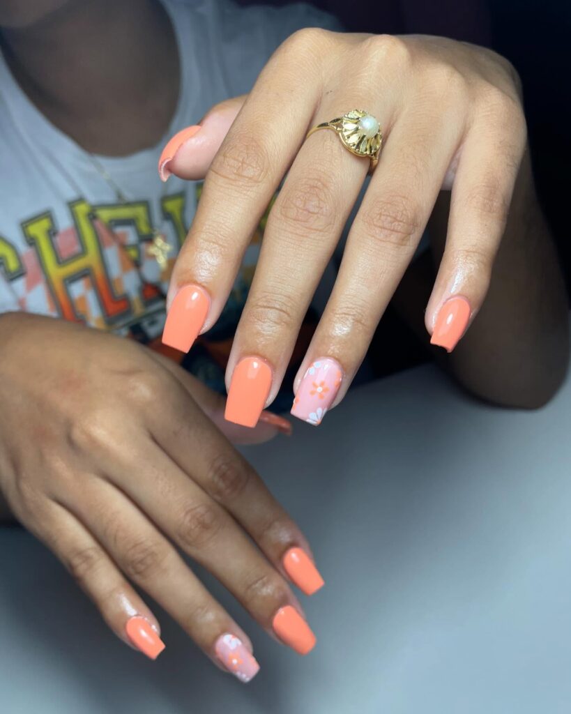 Orange and white floral nails