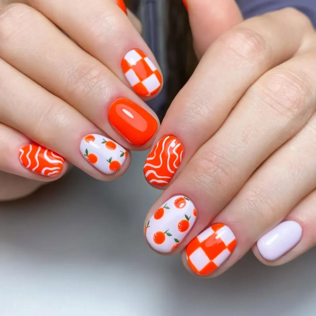 Mix and match nail art in orange and white color