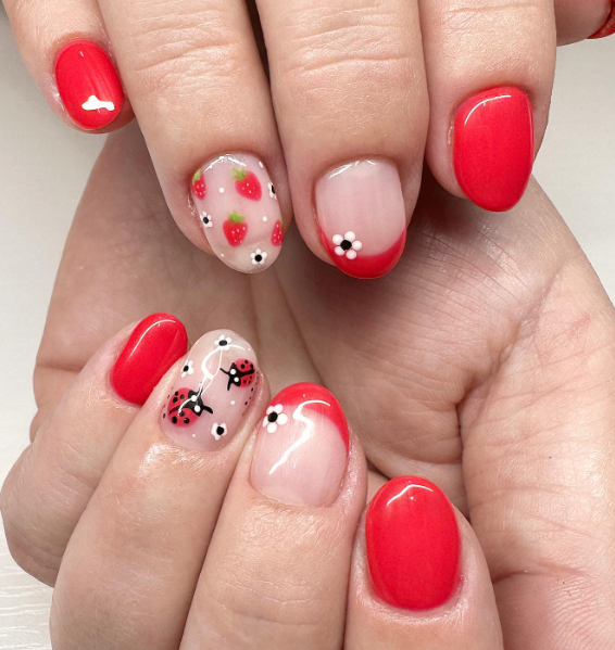 lady bug nails with strawberries