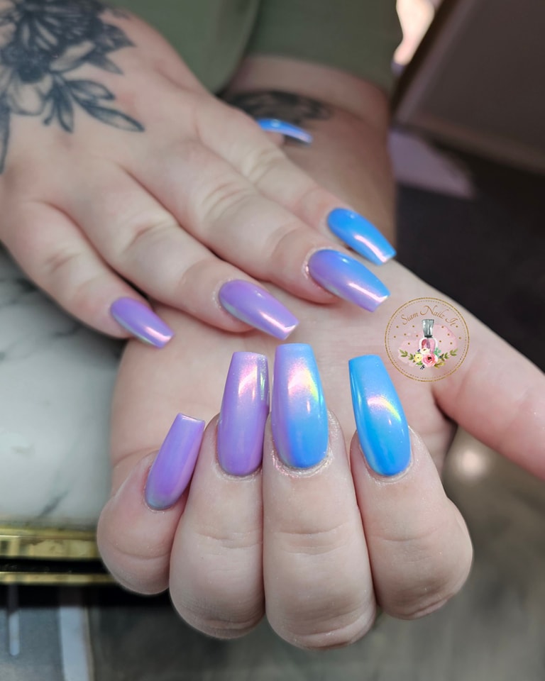 blue and purple nails with chrome finish