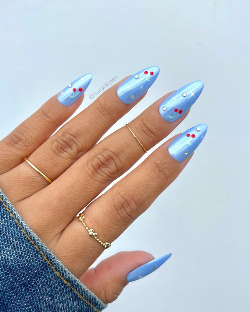 Blue chrome nails with cherries