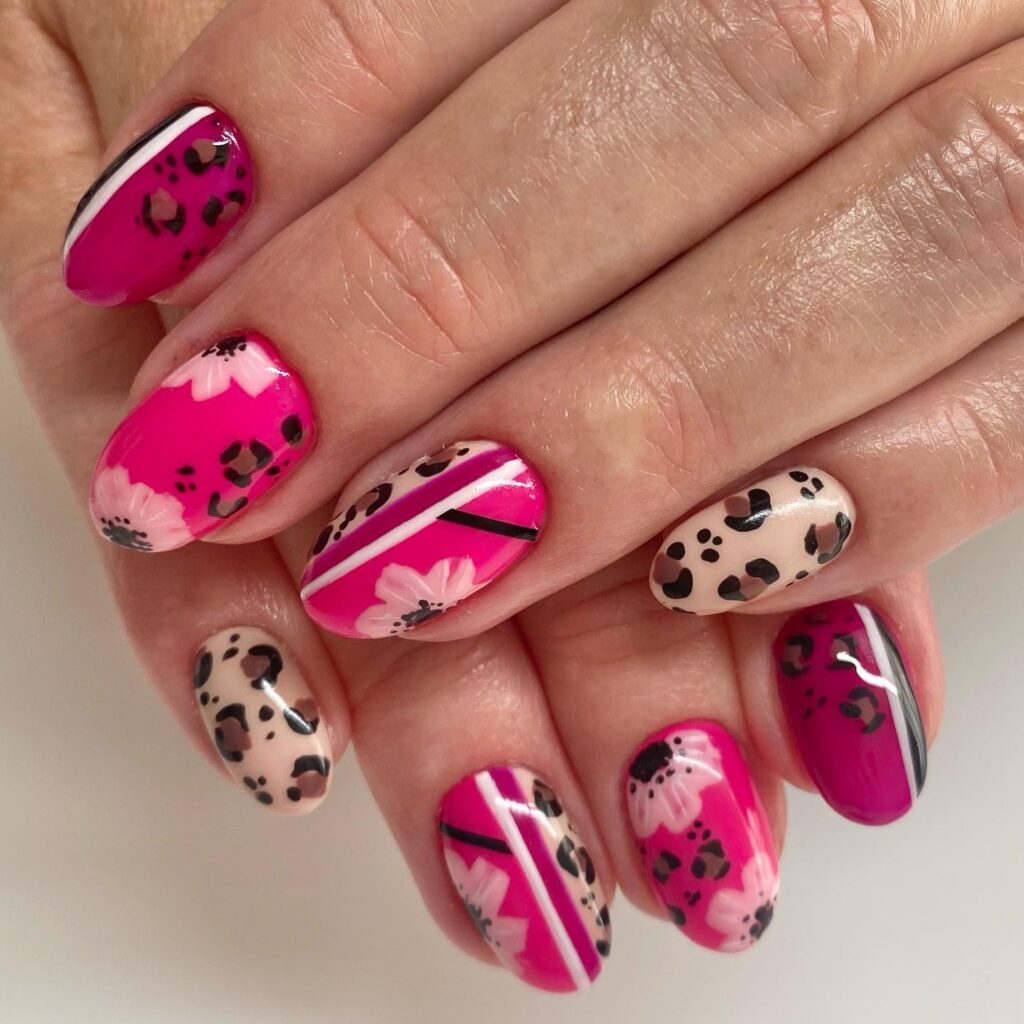 Floral nails with animal print