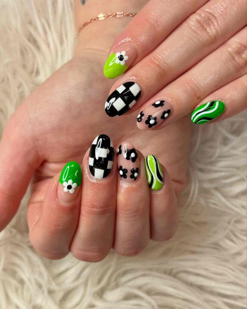 Green and black retro nail art