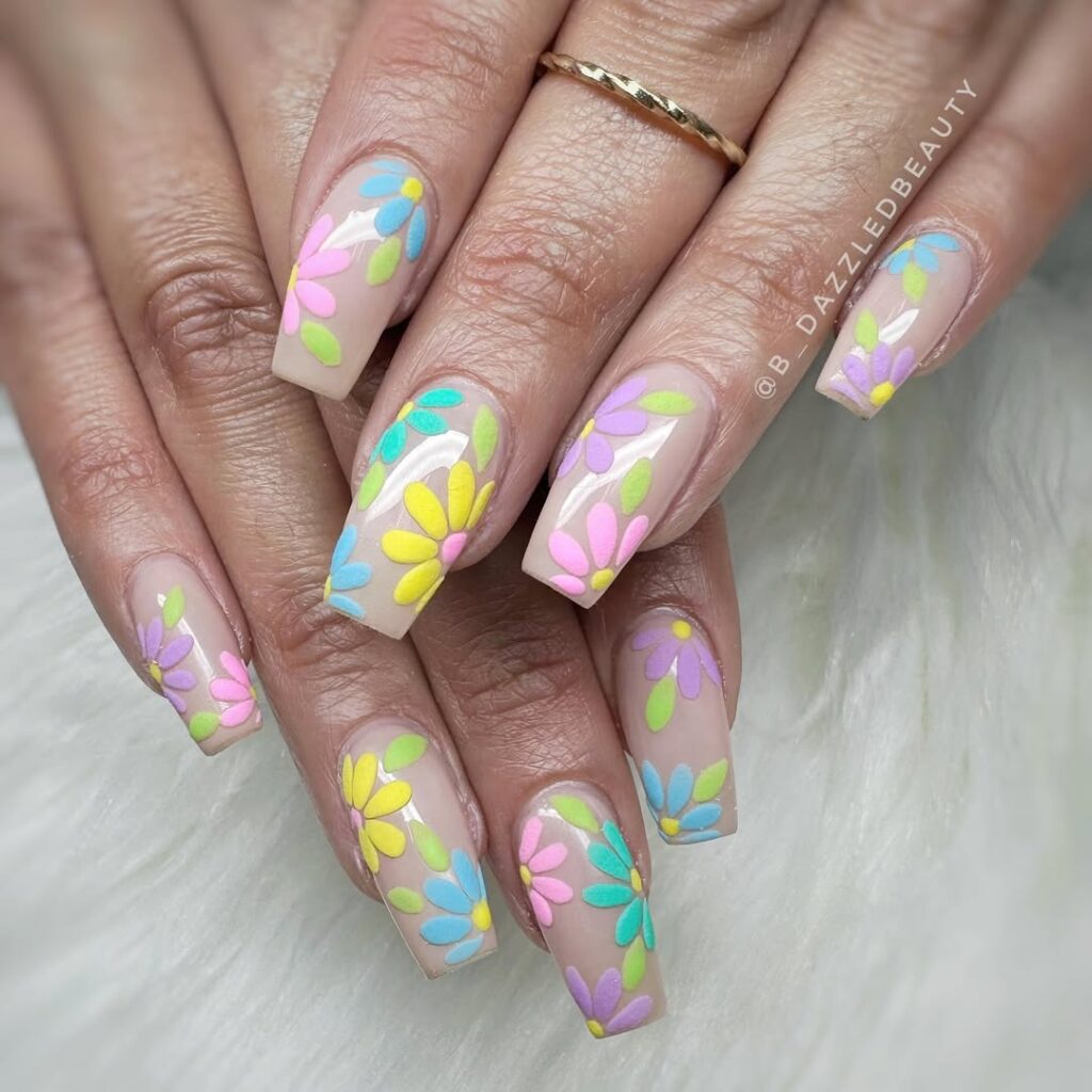 Muli-color flower nail art in coffin shape