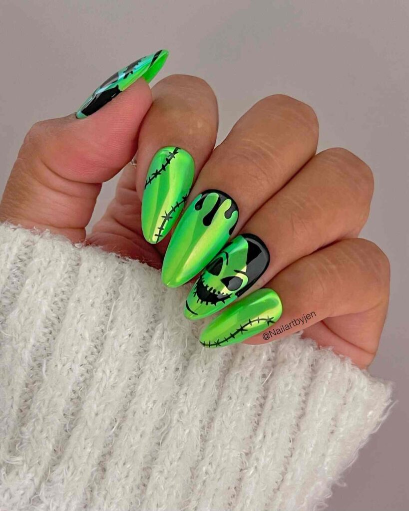 Neon Glazed Oogie Boogie nails