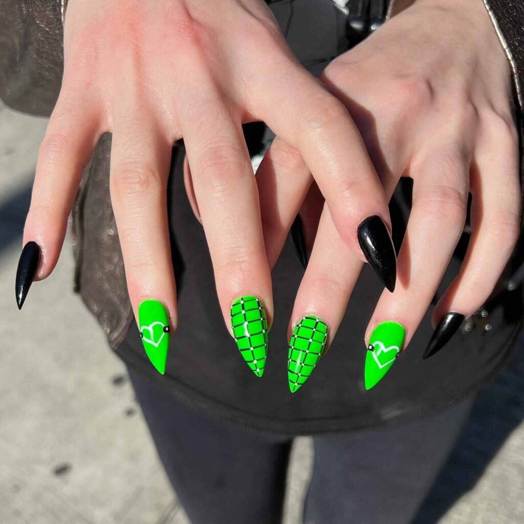 Neon green and black spider web manicure