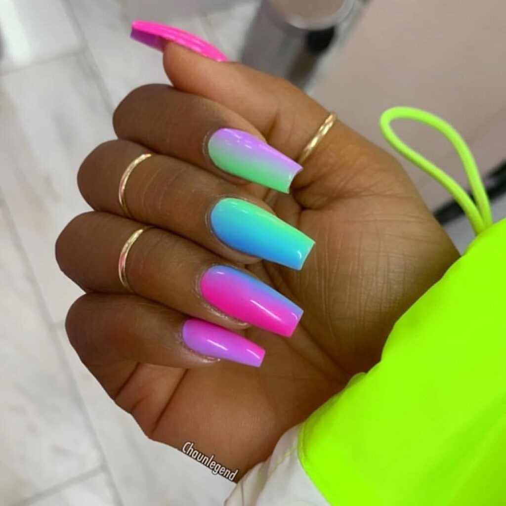 Neon ombre nails in coffin shape
