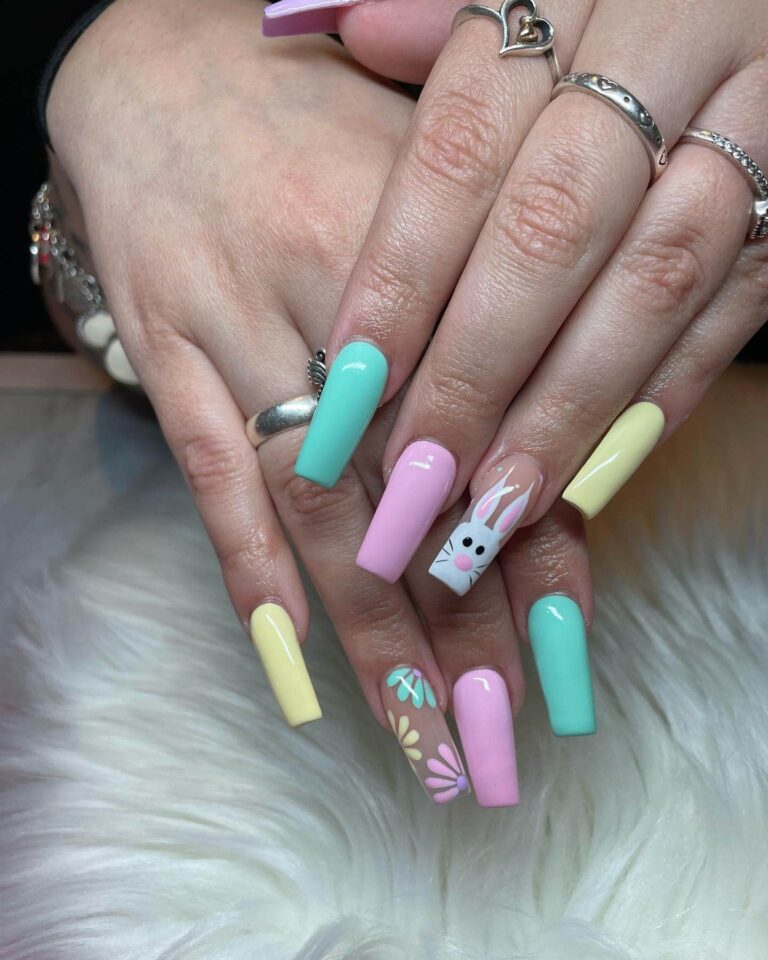 Pastel nails with floral and bunny design