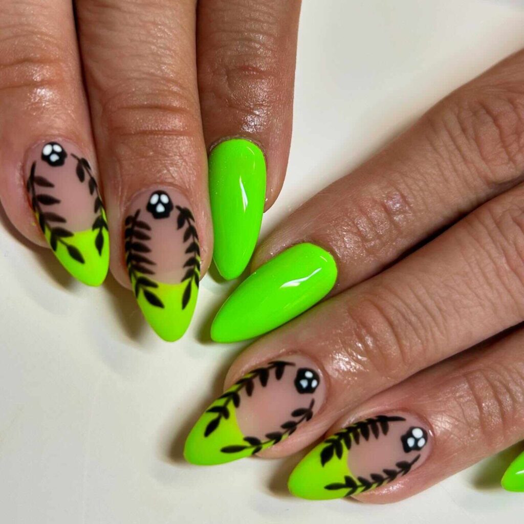 Skulls and vines nail art on neon green and black color