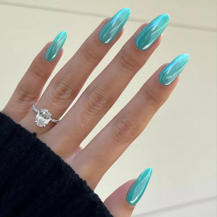 Tiffany blue nails with chrome finish