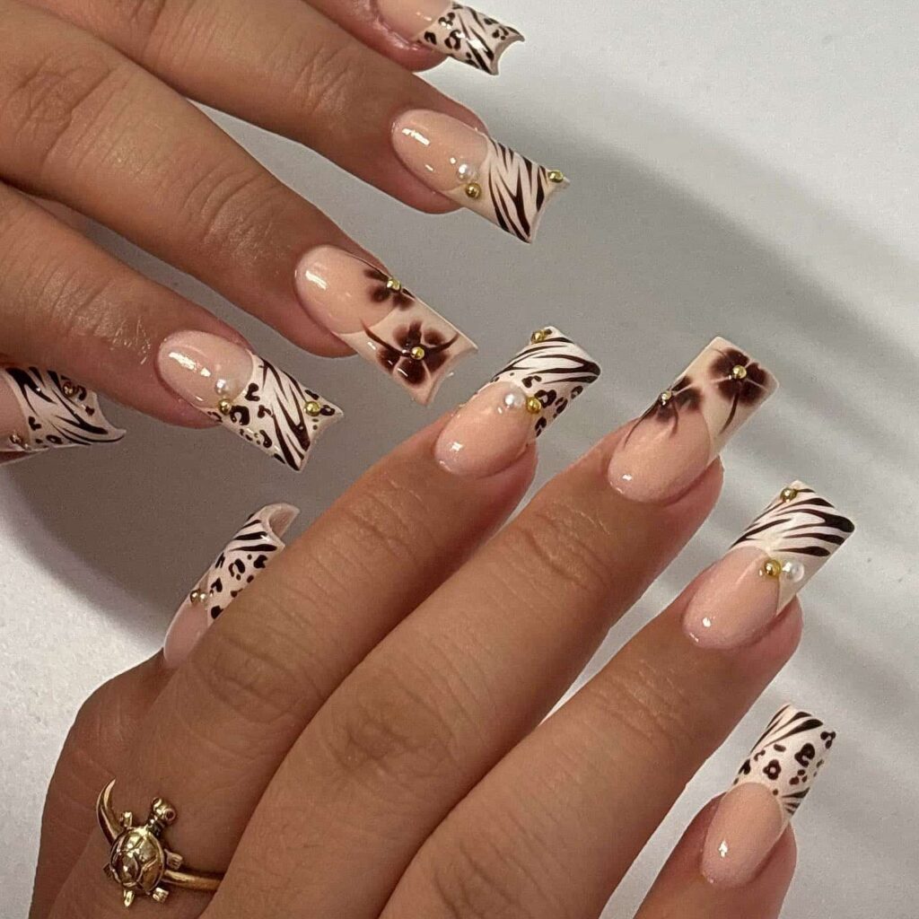 mix of Zebra and cheetah print nails art