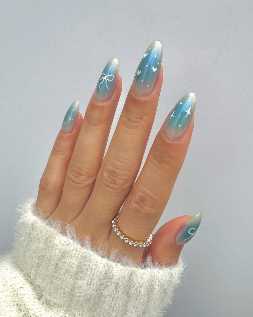 blue chrome nails with bows and hearts