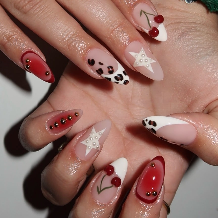 cheetah print and cherry nail art idea