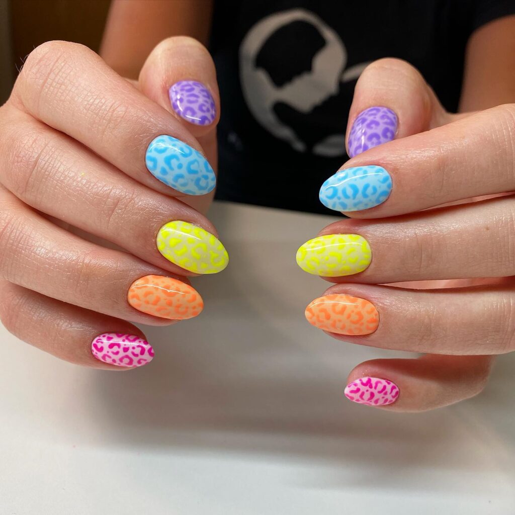 colorful neon cheetah print nails