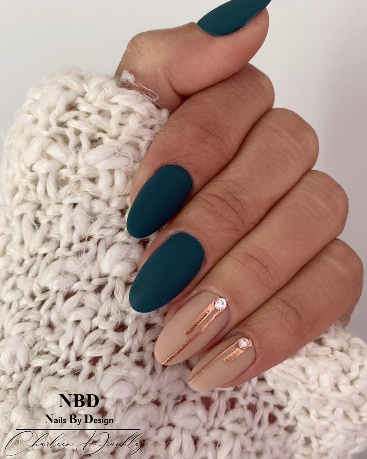 Deep Green and Rose Gold Nail Art