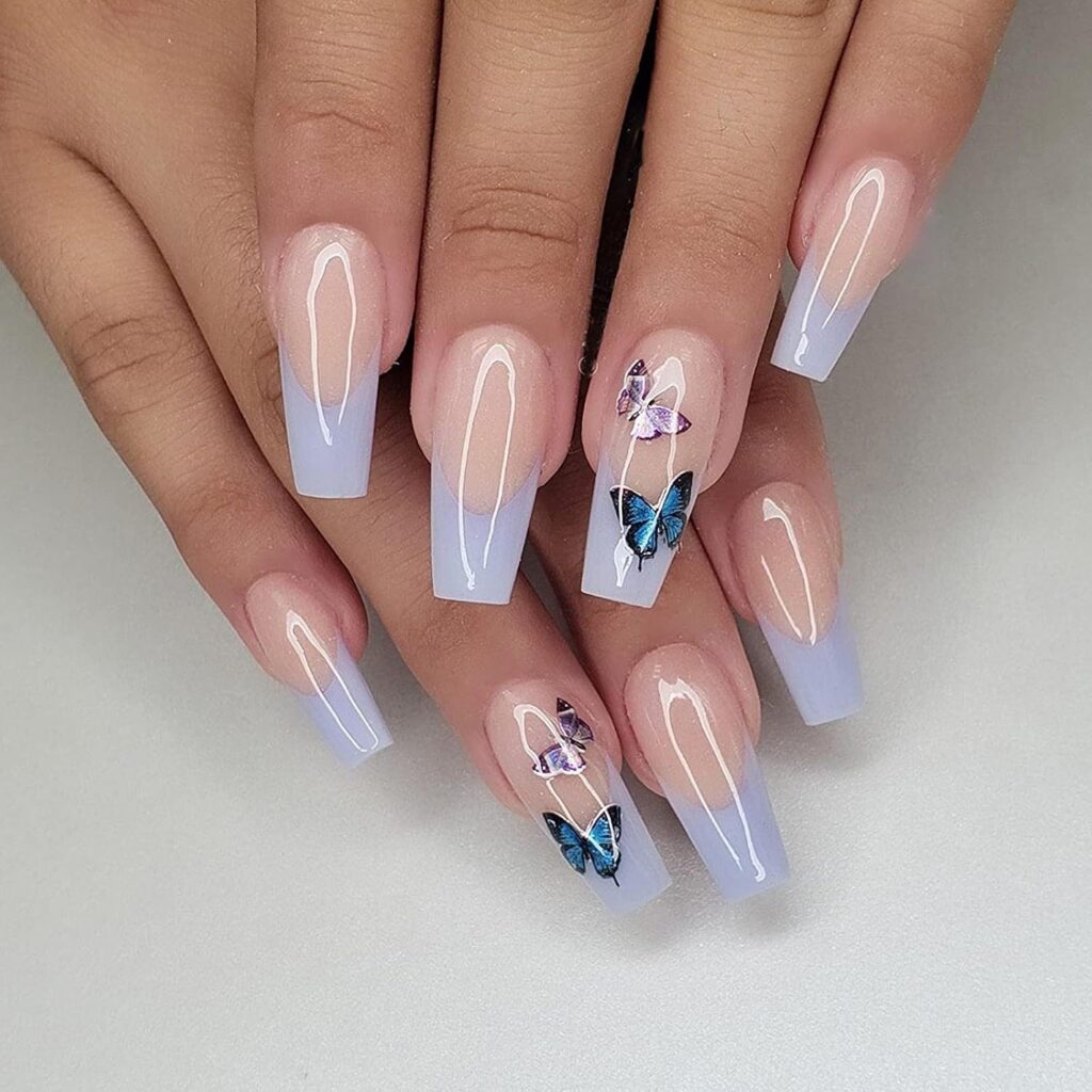light blue french tip butterfly coffin nails