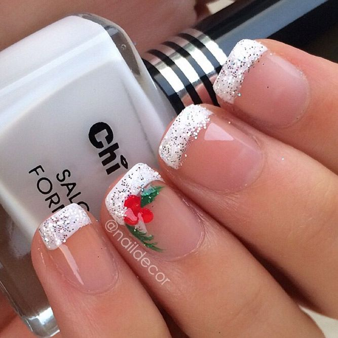 Glitter french tip with rose design
